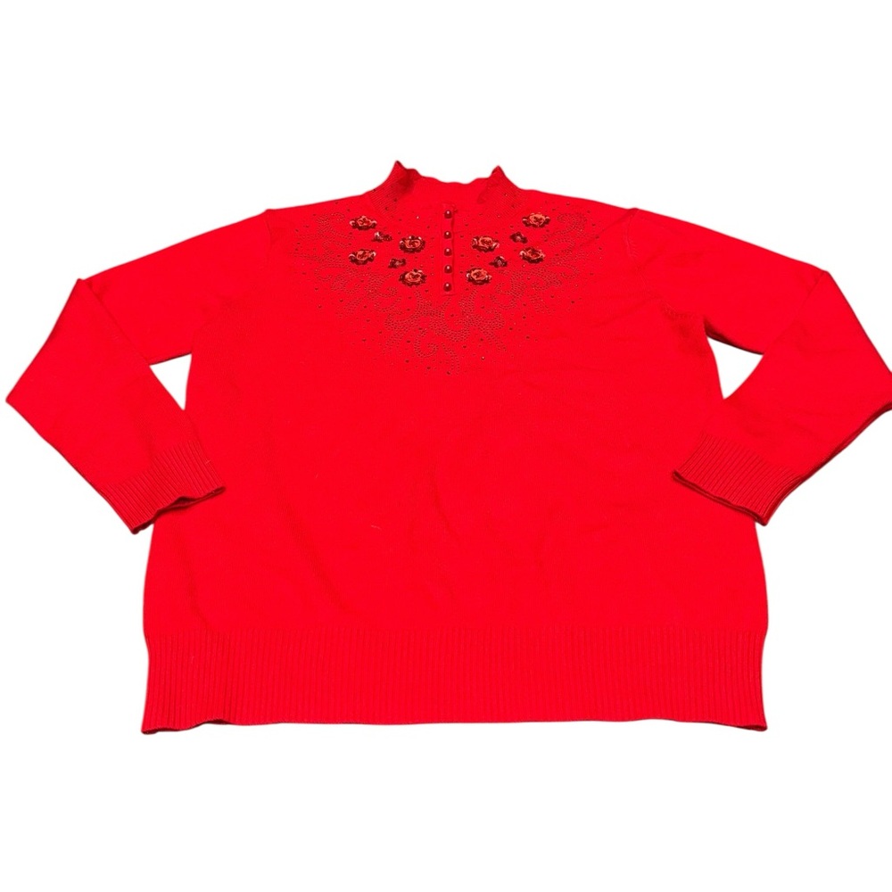 Red Sweater with floral beaded Embellishments holiday, party, teacher, office